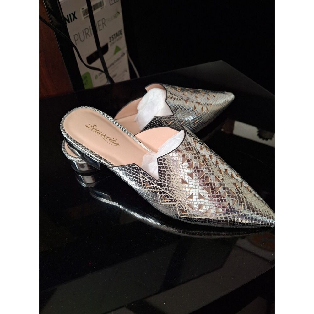 Women’s Bonnibel Pointed Toe Mules Size 7 Metallic Snakeskin Pattern Low Heel Sl